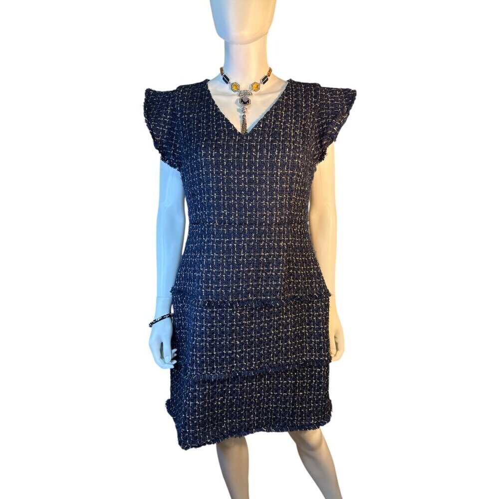 Sail to Sable Fringe Trim Wool Blend Fit & Flare Navy Dress MSRP $288 Size M NWT